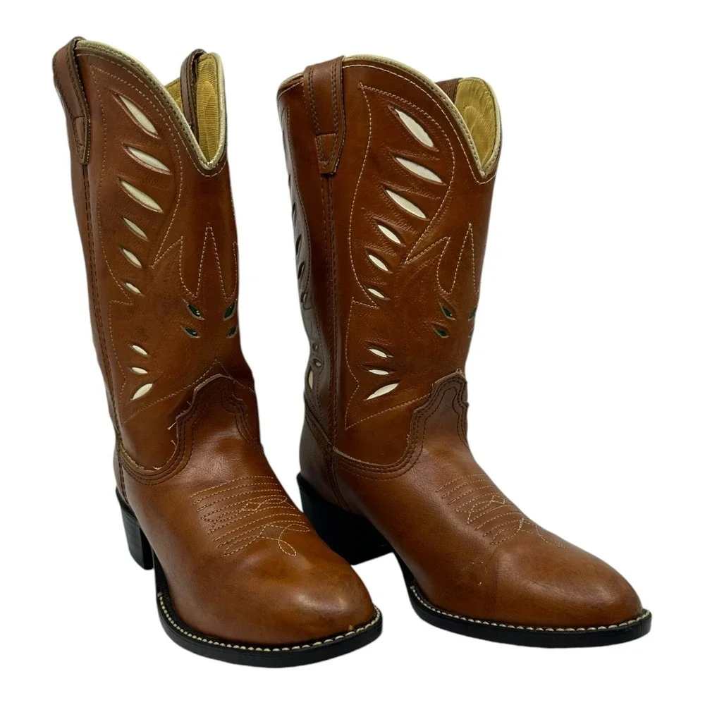 Acme Cowpuncher Western Boots Womens 5D Tan Leather Good Contrast Stitching VTG.